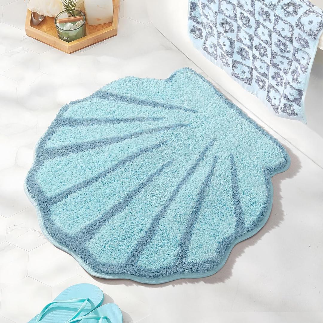 Seashell Bathroom Rugs and Mat Cute Beach Bath Mat for Cartoon Sea Bathroom Decor Aqua Blue Bath Rugs Plush Non-Slip Foot Mat Absorbent Bathtub Rug Washable (1'11" (Round))
