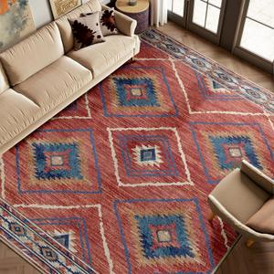 Area Rug 8x10 Rug Machine Washable Non-Slip Low Pile Print Pattern Western Rug for Living Room Bedroom Entryway Tribal Series -Red/Orange