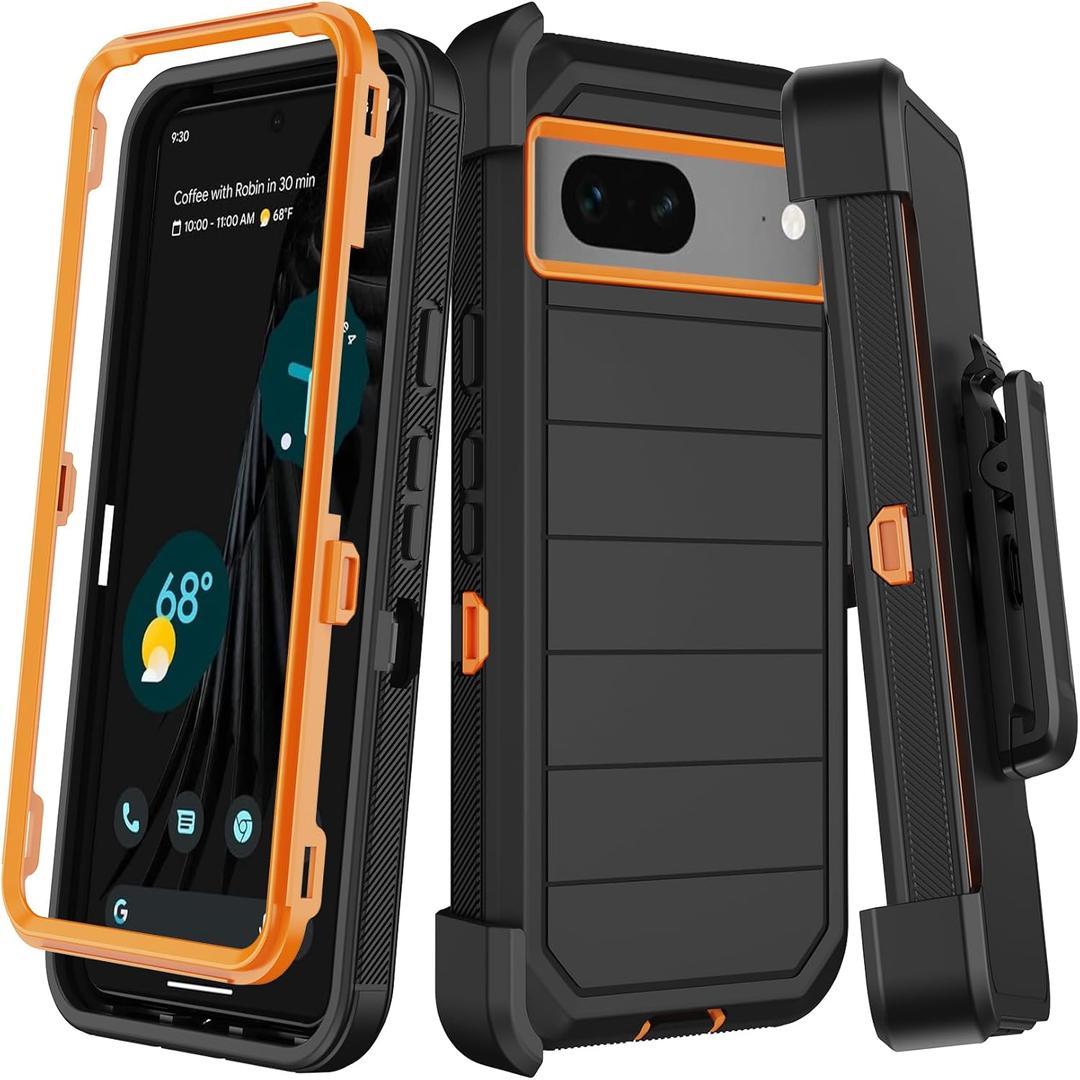 KECAI for Google Pixel 7 Case with Belt Clip Holster,2X Screen Protector,Heavy Duty Shockproof Drop Protection Military Grade Full Body Rugged Phone Cover with Kickstand Black Orange
