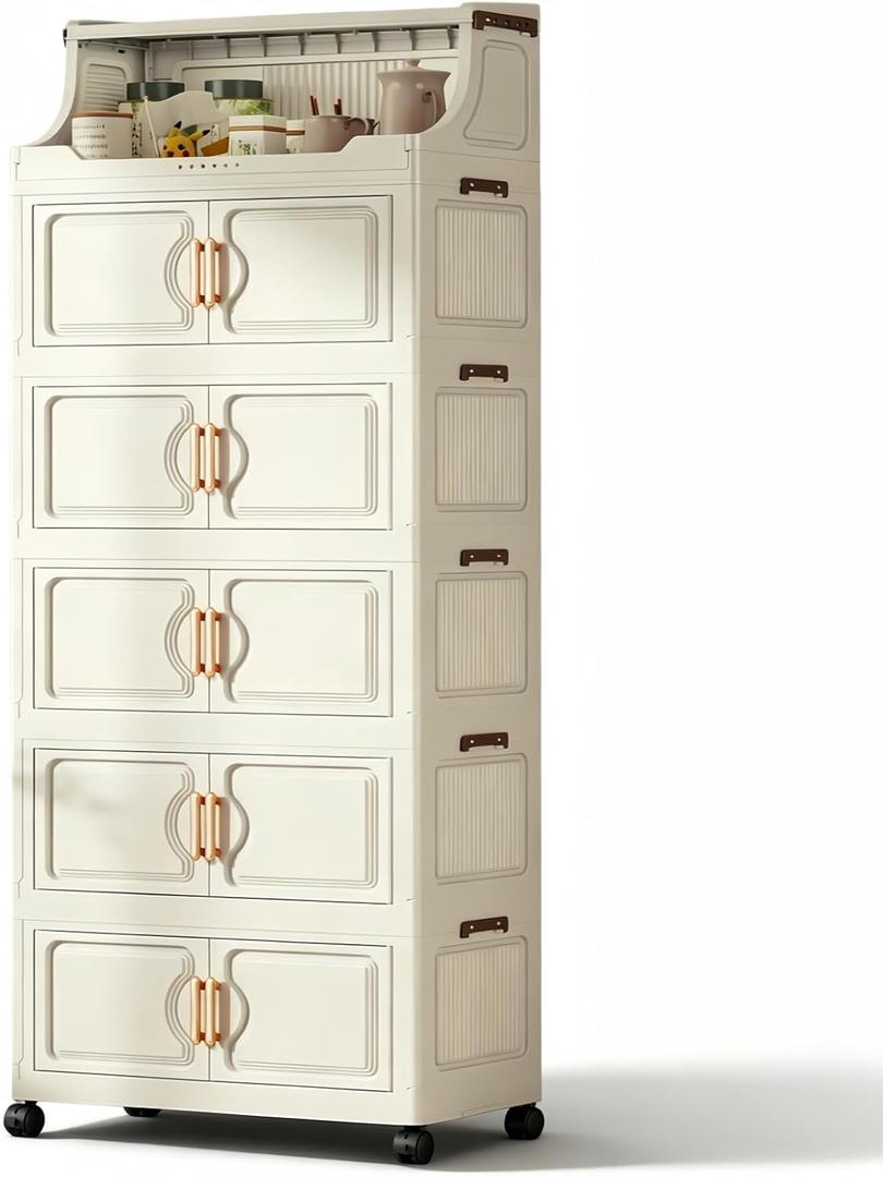 260QT Stackable Storage Bins with Lids & Rack, 6 Tier Large Capacity Foldable Storage Cabinet, Clear Collapsible Pantry Organizer for Home, Kitchen, Bathroom, Dorm, Office, White
