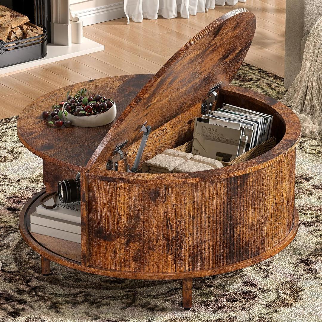 Round Coffee Table, 31.5" Fluted Center Table with Storage, Lift-Top Coffee Table with Adjustable Footpads, Sliding Door, Mid-Century Modern Center Table for Living Room, Small Space (Brown)