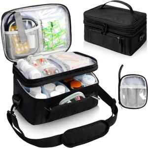 Tesuko Medicine Bag for Traveling with Portable Small Pouch, Double Layer Pill Bottle Organizer Storage Case with Lockable Zippers, Carrying Medication Travel Case with Shoulder Strap (BAG ONLY) Black