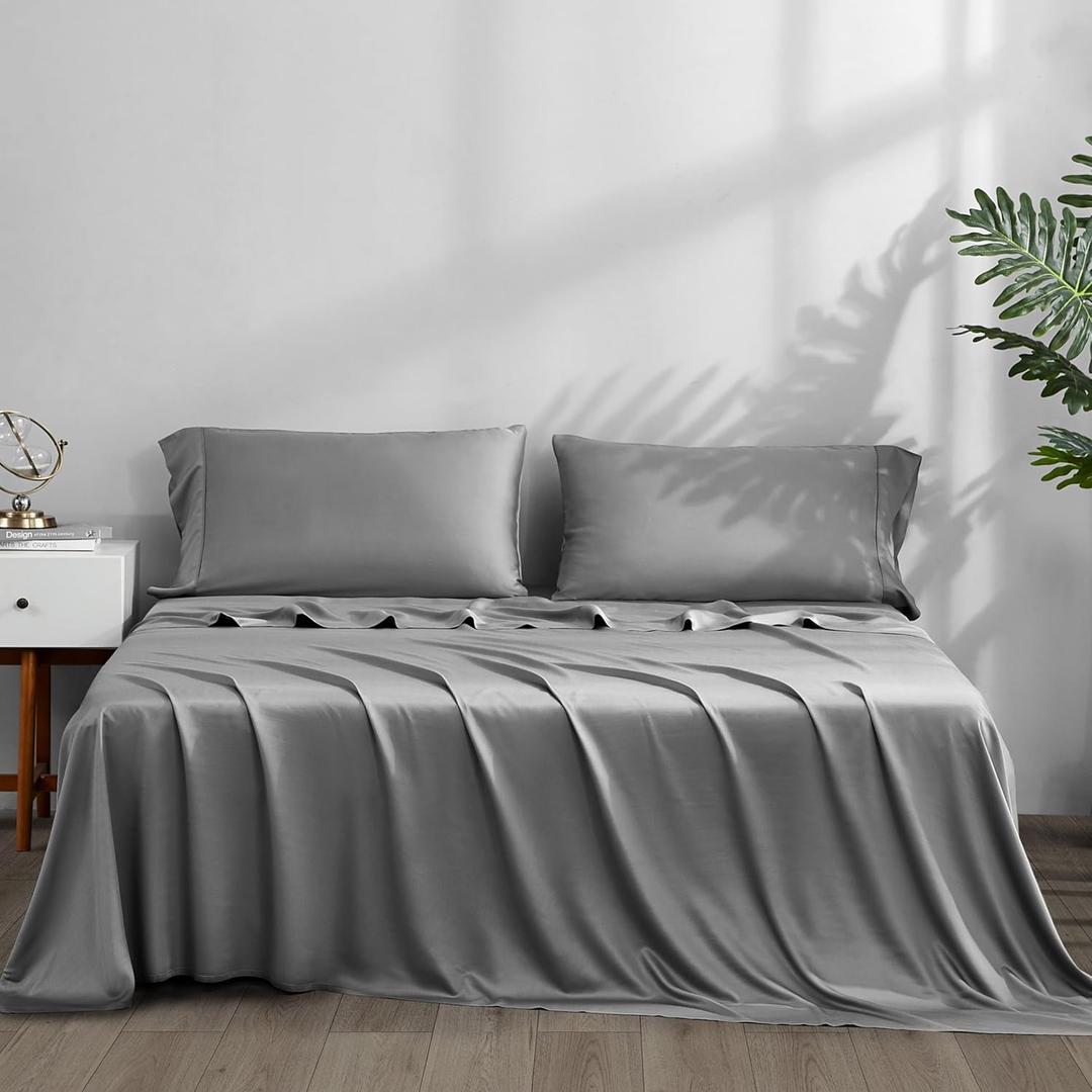 ACCURATEX Cooling Sheets King Size - Viscose Made from Bamboo, Luxury Cool Silky Sheet Set for King Size Bed, Super Soft Breathable Bedding Sheets up to 16 inches Deep Pockect,Grey
