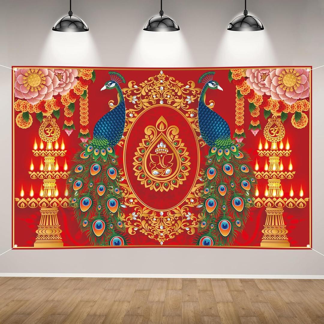 Happy Diwali Photo Backdrop Indian Diwali Peacock Banner Indian Deepavali Festival of Lights Party Decorations and Supplies for Home