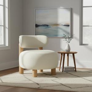 Modern Boucle Accent Chair, with Plush Faux Sherpa Upholstery, Curved Backrest, Solid Wood Legs for Living Room Bedroom Reading Nook, 27.5", White (Set of 1, Cream)