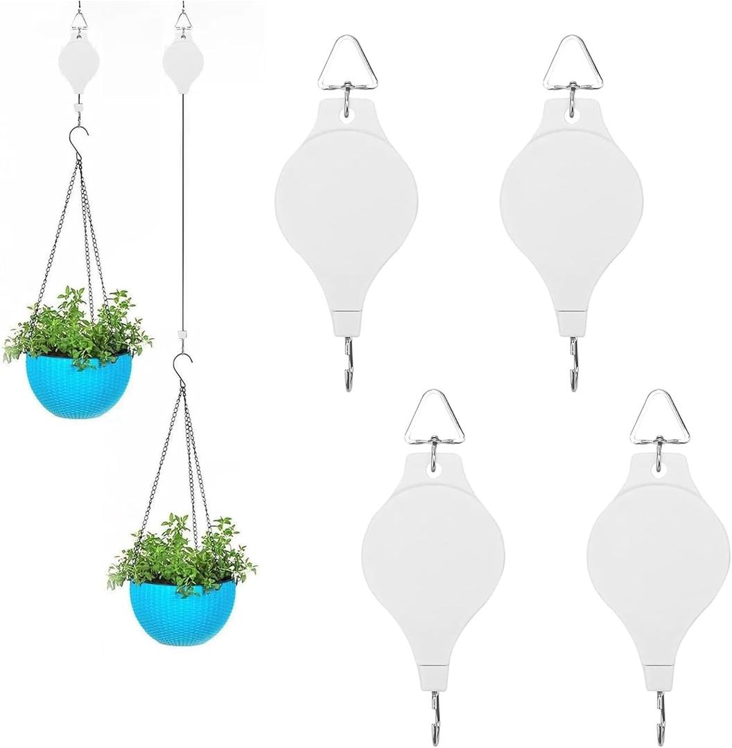 4PCS Plant Pulley Retractable Pulley Plant Hanger Hanging Flower Basket Hook Hanger for Garden Baskets Pots and Birds Feeder in Different Height Lower and Raise