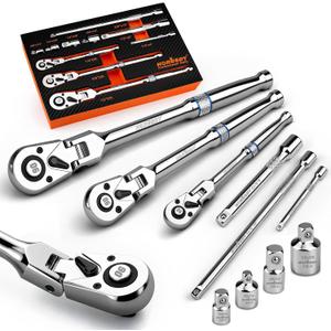 10-Piece Flex-Head Ratchet Set, 1/4", 3/8" & 1/2" Drive Socket Wrenches, 90-Tooth Quick-Release Reversible Low-Profile, Extension Bars (4", 10", 6") & 4 Adapters for Automotive, Bike, and Home Repair