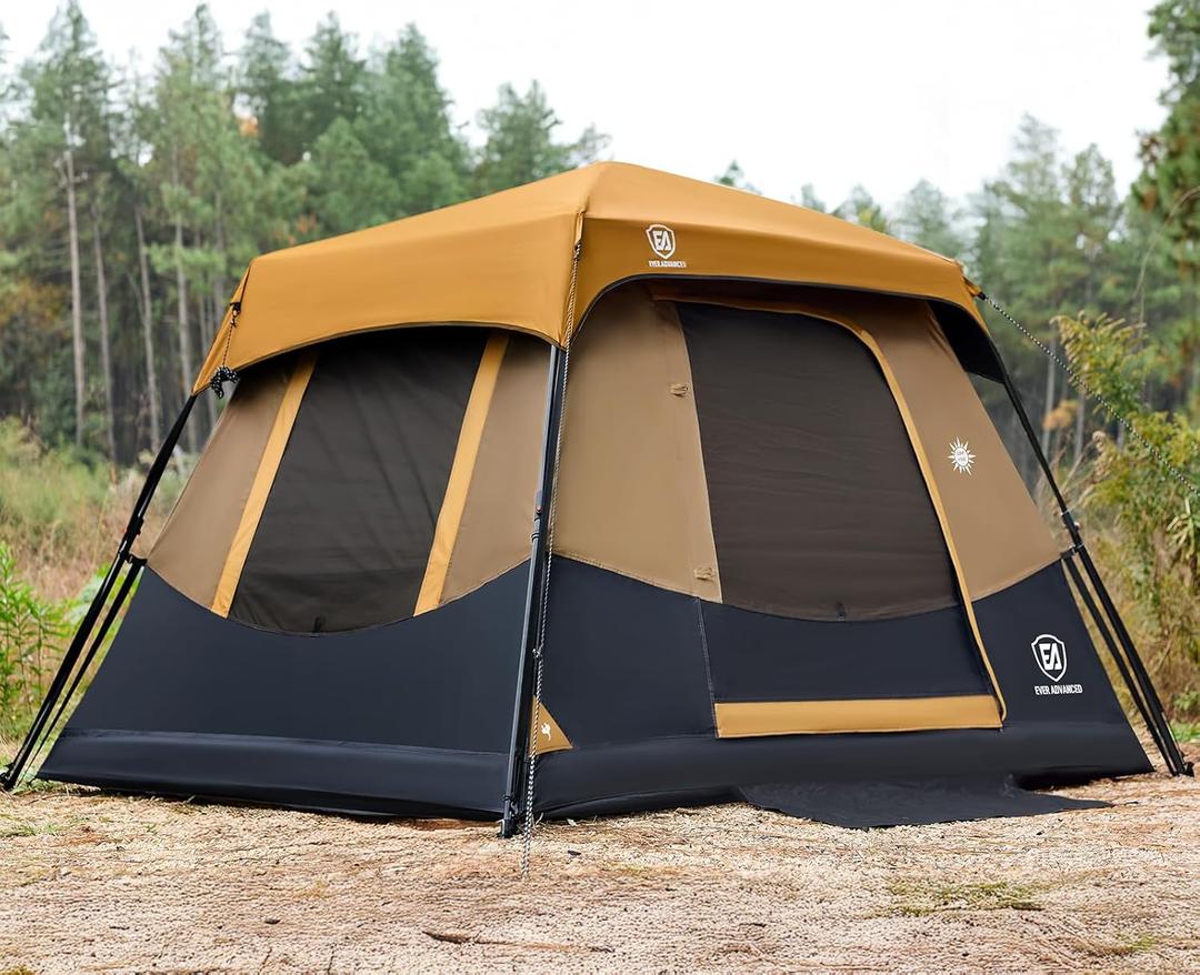 EVER ADVANCED 4 Person Blackout Camping Tent, 60s Easy Setup Instant Cabin Tent for Family, 4000mm Water-Resistant & UV Protection Light-Blocking Tent with Rainfly for Outdoor Travel, 8' x 7' x 59" (Orange)
