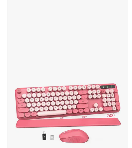 Wireless Keyboard and Mouse Combo  Round Keycaps, FullSize Retro Typewriter Keyboard with Detachable Wrist Rest, Sleep Mode & Tilt Legs, 2.4GHz Cordless Connection for Mac/Windows/PC (Hot Pink)