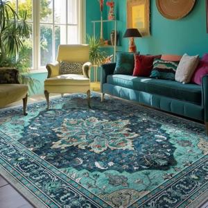 Area Rugs 5'x7' Washable Non-Slip, Floral Vintage Distress Print Pattern Medallion Carpet for Living Room Bedroom Dining Room, Teal Green Lake Blue