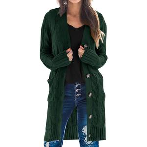 PRETTYGARDEN Long Sleeve Cable Knit Long Cardigan for Women 2025 Fall Winter Chunky Open Front Button Sweaters with Pockets (Medium, Dark Green)