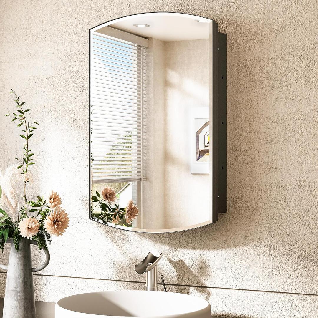 TokeShimi 16x26 Oval Medicine Cabinet with Mirror with Storage Black, Surface Mount or Recessed Medicine Cabinet Arched with Beveled Mirror Metal for Bathroom