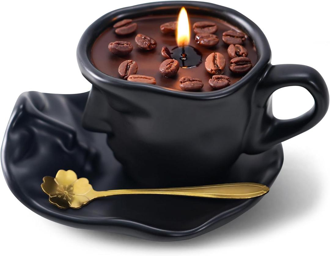 Scented Candle Gift Set - 8.5 Oz Coffee Cup Candles with Spoons, Long-Lasting Soy Wax Candles, Relaxing Vanilla Latte Scents, Home Decor Gifts for Coffee Lovers, Men, Women, Dad, Birthday, Christmas