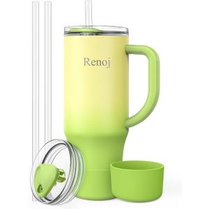 Renoj Insulated Mug 100% Spill Resistant Insulated Water Bottle for Iced Coffee & Hot Drinks - Fits Car Cup Holder, Ideal Gift, 2 Straws & Silicone Boot - FlexSlide Green Gradient 32 oz