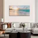 Beach Wall Art Decor for Living Room Ocean Canvas Picture for Wall Gold Sunset Painting for Bedroom Blue Seascape Theme Art Print for Bathroom Home Office Decoration Ready to Hang(20"x40")