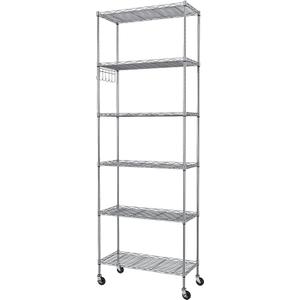 Homdox 6-Tier Storage Shelf Wire Shelving Unit Free Standing Rack Organization with Caster Wheels, Stainless Side Hooks, Silver Gray | Rack Organization, with Caster Wheels, Stainless Side Hooks