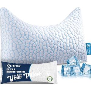 King Cooling Side sleeper pillow for adults, Curved neck support pillow for neck and shoulder pain Relief, Adjustable Shredded Memory Foam Bed Pillow 1 Pack with Additional Foam Fill Included (White) (Icy Blue)