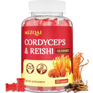 Mushroom Gummies, Cordyceps Reishi Mushroom Supplement Gummies for Adults with Green Tea Extract, Brain Supplements for Memory and Focus, Energy, Athletic Performance*, Rest - 60 Count