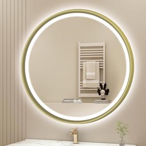 S'bagno 32" Round Gold LED Mirror for Bathroom With Frontlit & Backlit, Metal Frame, Anti-Fog, Stepless Dimmable, 3 Colors Temperature Vanity Mirror