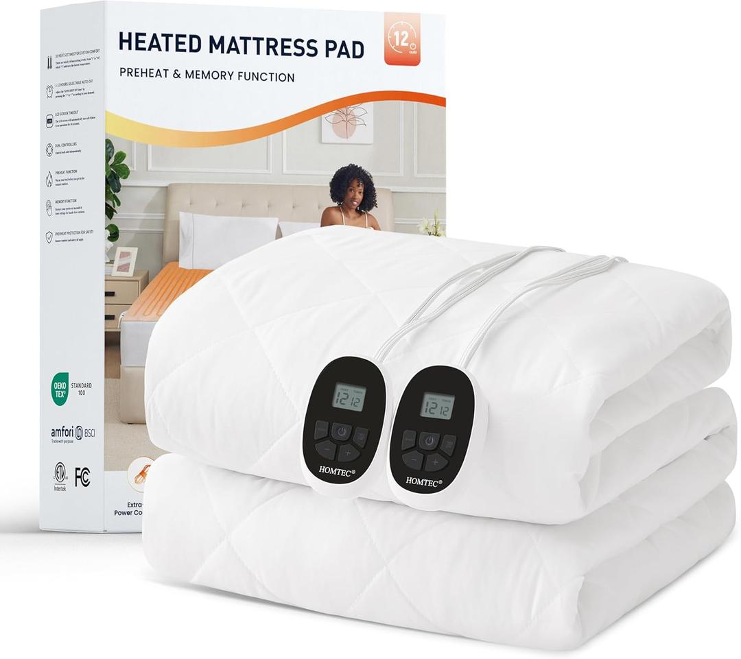 Heated Mattress Pad King Size with Dual Zone Control, 12 Heat Settings, 1-12H Timer, Preheat & Memory Function, Machine Washable Electric Bed Warmer, ETL & FCC Certified