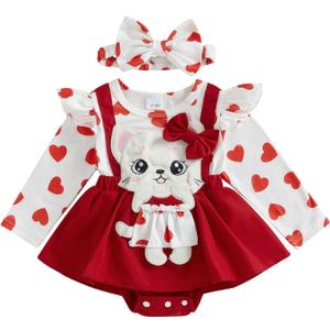Baby Girl New Years Outfit Firework Number Letter Print Mesh Long Sleeve Romper Dress and Bow Headand 2 Pcs Set (Red)