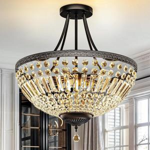 DWVO Crystal Black Ceiling Light, 20in Modern Vintage Round Crystal Chandelier, 5-Light Semi Chandelier Light Fixture for Living Room Kitchen Entryway Bedroom Dining Room - E12 Base