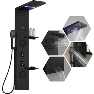 Homevacious 4 In 1 Shower Panel Shelf LED Rainfall Shower Head and Adjustable Massage Body Jets 3-Functions with Handheld Shower Tub Spout Stainless Steel Bathroom Shower Fixtures Matte Black