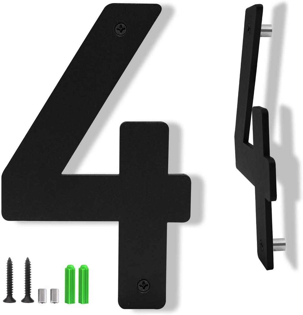 3 x 4 Inch Black Aluminum Letters, Floating House Address Numbers for Outside, Modern Metal Door Numbers Letters, Metal House Address Letter and Number for Home Office Apartment (4)