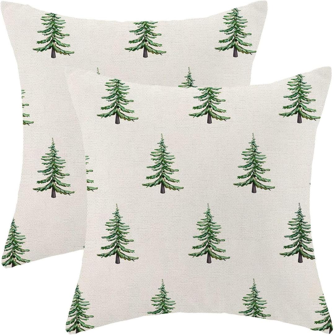 CXMEIFLY Christmas Pillow Covers 18x18 Inch Set of 2 Sage Green Christmas Tree Decor Throw Pillows Winter Xmas Holiday Farmhouse Outdoor Cushion Cases for Couch Bed Decorations