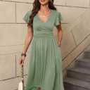Women's Spring Casual Ruffle Short Sleeve Wrap V-Neck A-Line Loose Fit Swing Party Work Midi Dress with Pockets (Green, XXXL)