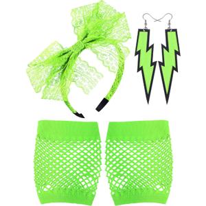 Blulu 80s Accessories for Women Lace Headband Neon Earrings Fishnet Gloves for 80s Retro Party Fancy Dress Masquerade (Fluorescent Green)