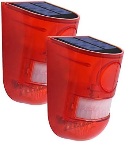 2 Solar with Sound Strobe Light, Wall Mounted Outdoor Motion Red Sensor Alarm, 4 Modes of Motion Sensor, Alarm 129dB for Home Fence Farm Yard Garage Barn