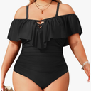Daci Women Plus Size One Piece Swimsuits Tummy Control Ruffle Off Shoulder Bathing Suits Black XL