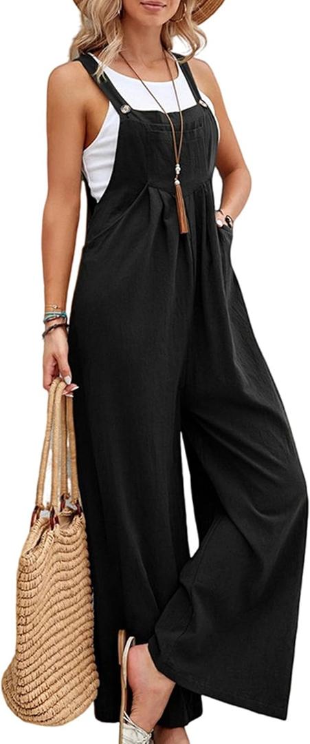 Wide Leg Jumpsuit for Women Spring Summer Casual Loose Bib Overalls Palazzo Pants Rompers Jumpsuits (Small, Black)