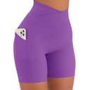 Yuerlian Women Cross Waist Workout Yoga Shorts with Pockets 5" High Waist Booty Biker Ribbed Short Purple 6