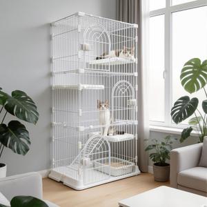 Cat Cage DIY Catio Cat Enclosure with Widen Bottom Buckle & Reinforced Top Corner Clips Indoor & Outdoor Cat Playpen (White, Three-Tier52.5")