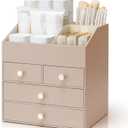 VLANDO Makeup Organizer Countertop,Large Vanity Organizer PU Leather Make up Storage with 4 Drawers Skin care Organizer Cosmetic Display Case for Lipstick,Brushes,Bedroom-Toffee