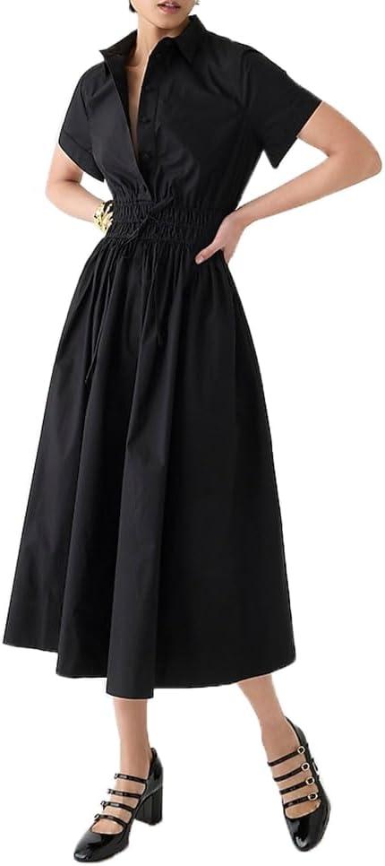 Ladyful Women Casual Button Down Short Sleeve Shirt Dress Tie Waist Midi Shirt Dress Elegant Business Party, M