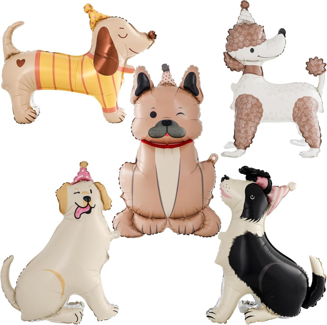5 Pcs Large Dog Balloons, Puppy Foil Balloons Dog Themed Birthday Party Decorations, Self Standing Animal Mylar Balloon for Baby Shower Pet Party Decorations