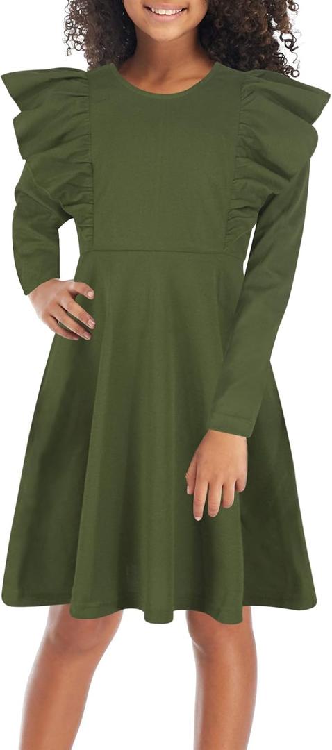 GORLYA Girl's Flutter Sleeve Stretchy A-Line Swing Flared Skater Party Dress with Pockets for 4-12 Years Kids (Olive-long Sleeve)