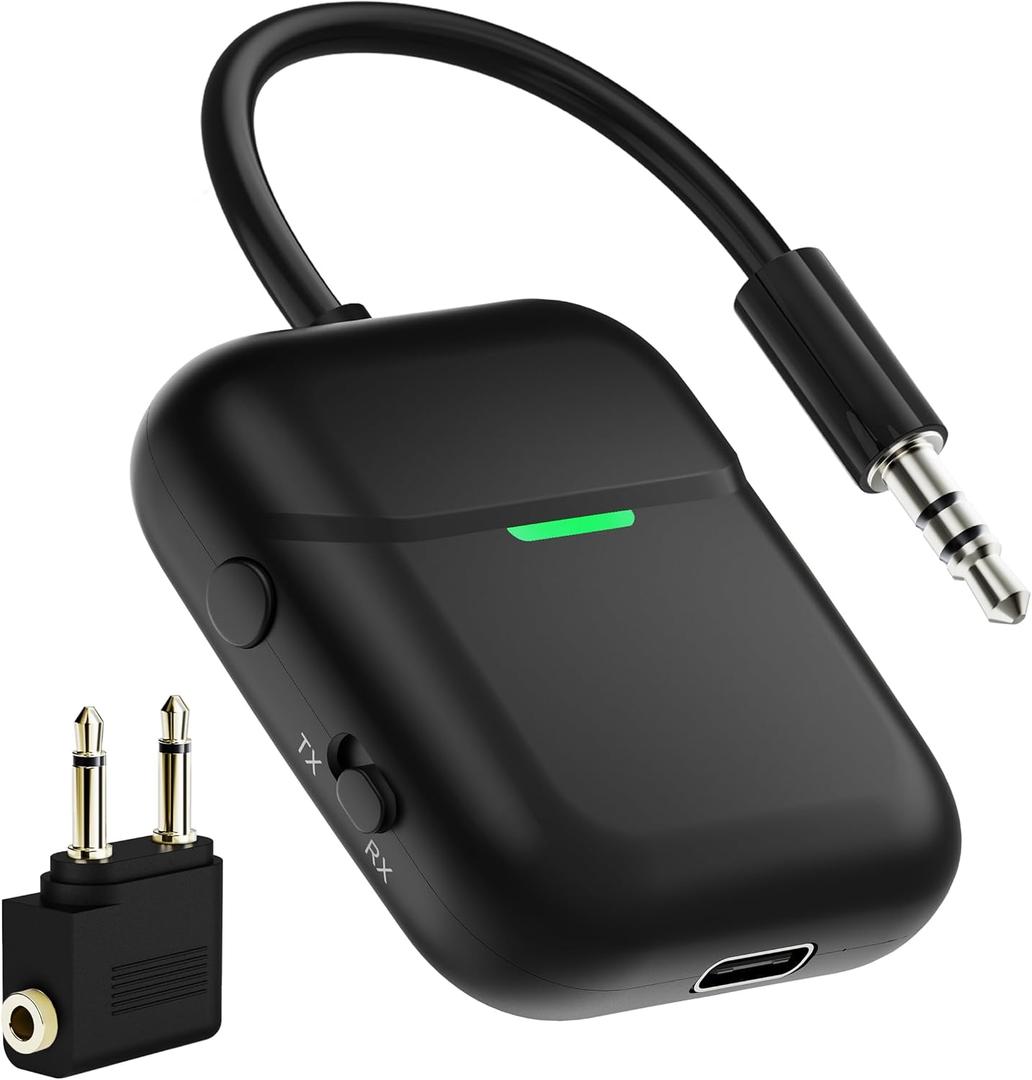 Nulaxy Air inFlight Bluetooth Wireless Audio Transmitter Receiver for up to 2 AirPods Wireless Headphones, Bluetooth Adapter for All 3.5mm Aux Jacks on Airplanes, Black