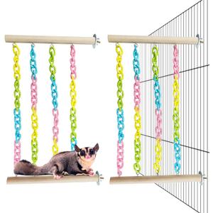 PINVNBY 2 Pack Sugar Glider Climbing Toys,Natural Wood Sugar Glider Cage Accessories with Colorful Plastic Chains, Hanging Rat Enrichment Toys Without Swaying for Hamsters and Parrots