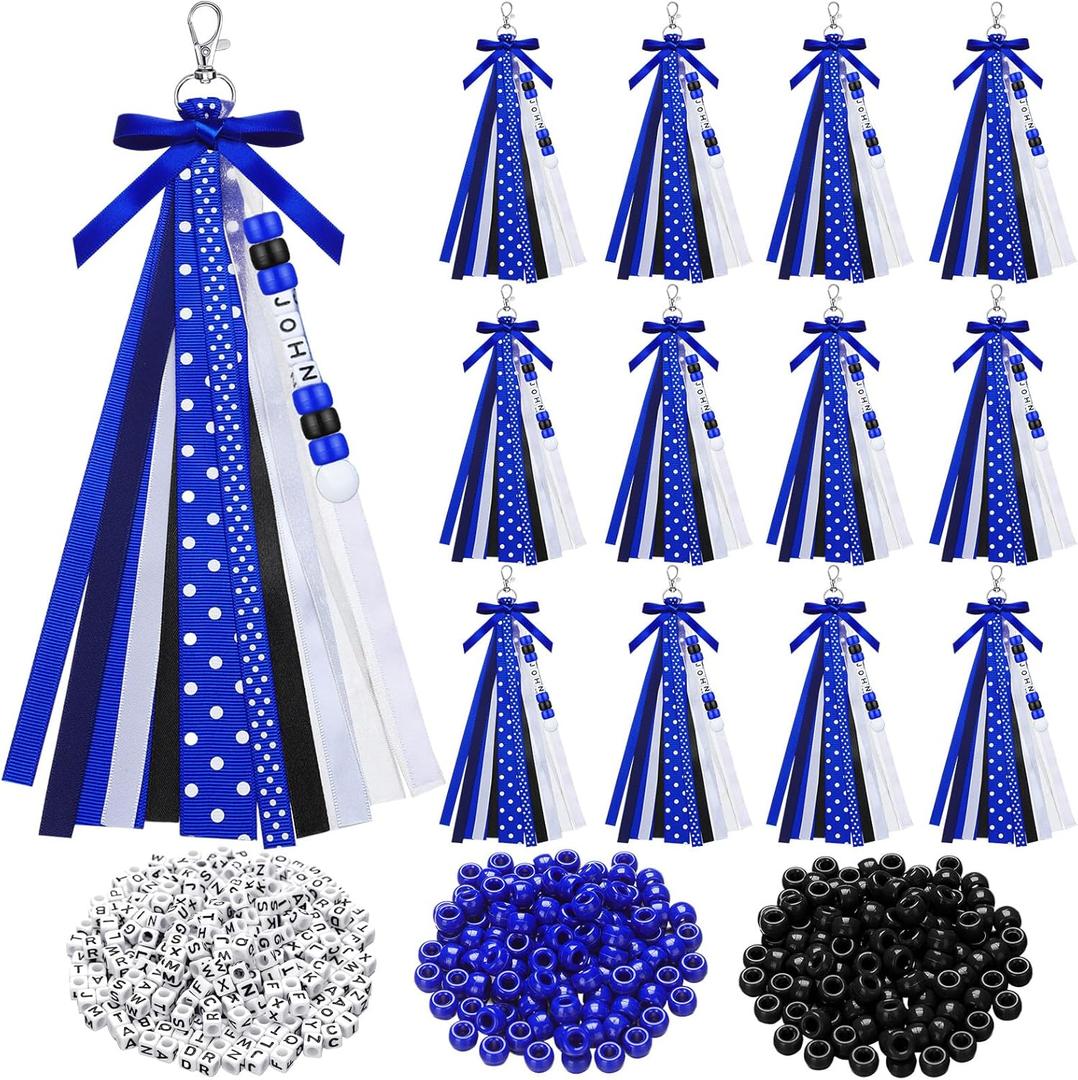 Nosiny 12 Pcs Cheer Keychains Cheerleader Gifts for Team Personalized DIY Bead Ribbon Keychain Kit Cheer Bag Tags for Women (Blue, Black)