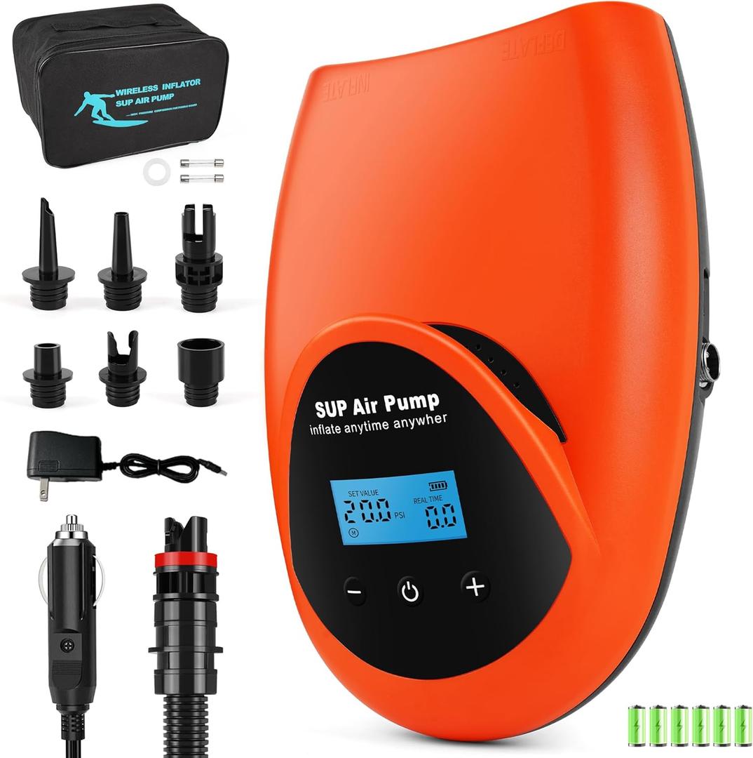 Tonsim Rechargeable Paddle Board Electric Pump, 20 PSI SUP Pump with 4 Preset Modes, Dual-Stage Inflation & Deflation, 12V DC Car Connector, Auto Shut-Off for Paddle Boards, Kayaks and Tents