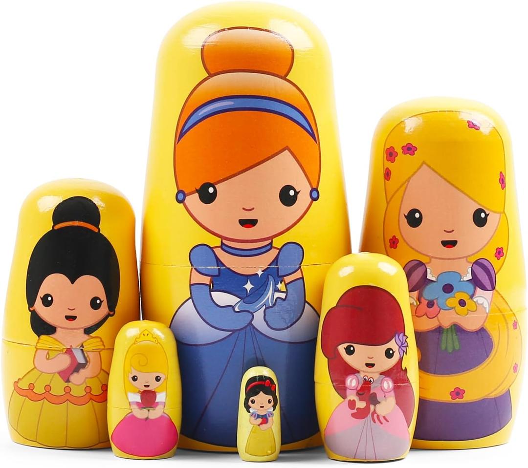 Princess Nesting Dolls for Girls Kids, 6 Pcs Princess Girls with Dress Handmade Wooden Nesting Dolls Matryoshka Doll for Kids Birthday Home Decoration