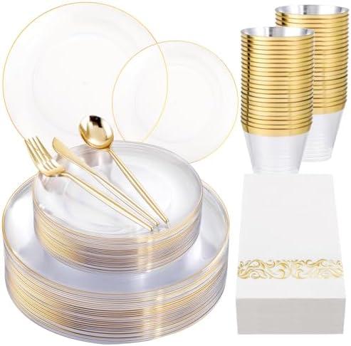 MirthMood 210Pcs Clear and Gold Plates for 30 Guests, Plastic Plates for Party, Includes:30 Dinner, 30 Dessert, 30 Paper Towels with 90 Silverware & 30 Cups