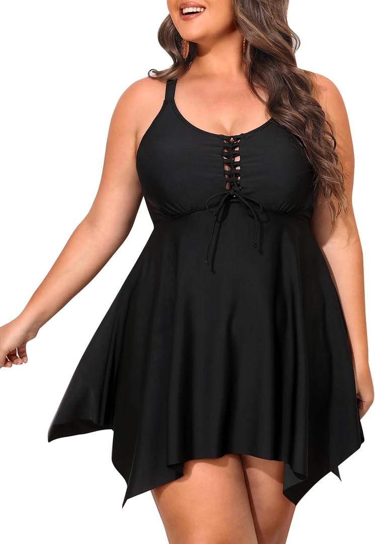 NIeyook Womens Plus Size Tankini Swimsuit 2025 Two Piece Tummy Control Bathing Suits for Women Swim Dress with Shorts (Black), 14Plus