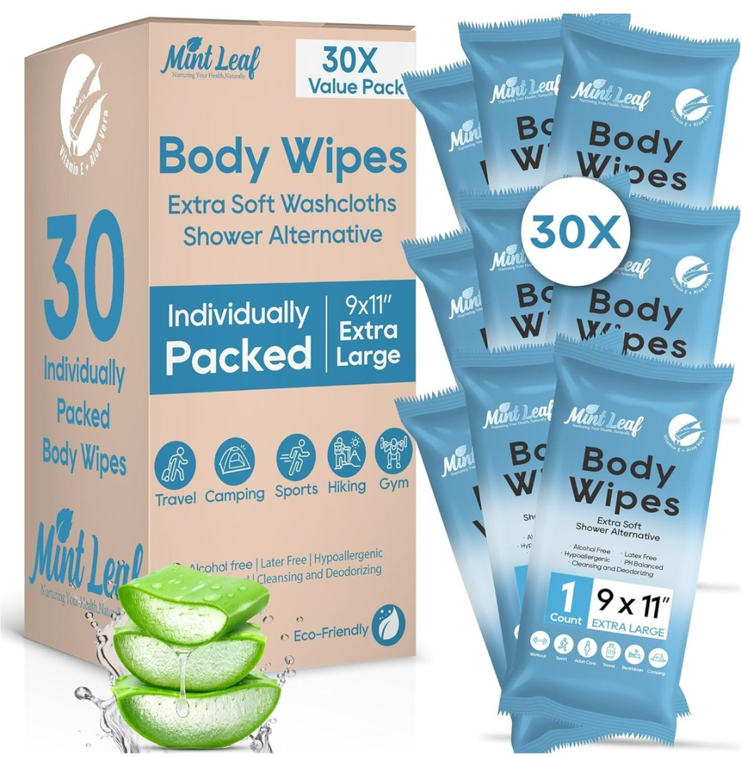 XL Deodorizing Body Wipes | Men's Extra Soft Washcloths Shower Alternative | Great for Workout Travel Gym Camping | 30 Individually Wrapped Shower Wipes | with Vitamin E Aloe Scent