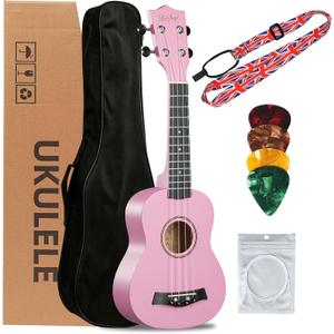LeSage Soprano Ukulele Starter Kit, 21 Inch Basswood Hawaiian Uke with Gig Bag, Strap, Nylon Strings, Picks, Beginner Student Adult Musical Gift (Pink)