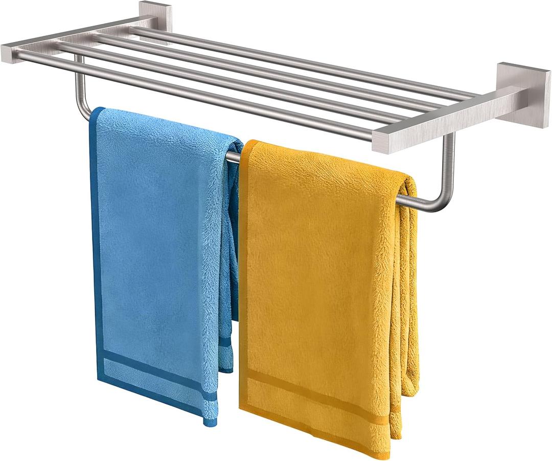 RUACQ Double Towel Racks for Bathroom 24 Inch, Square Base Towel Rack with Towel Bar, SUS304 Stainless Steel 2-Tier Towel Shelf for Hotel and Home, Wall Mounted (Brushed Nickel)